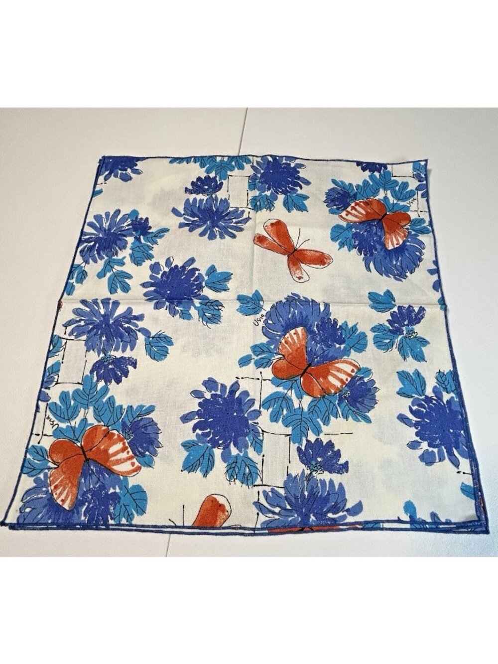 3 Vintage Early Vera Neumann Blue Floral w Orange Butterfly Napkins 100% Cotton